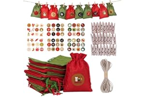 LUCAIDIAN Countdown To Christmas With Festive Burlap Hanging Advent Calendar Bags - 24 Days Of Surprises! Bags With Drawstring Closure, Includes Advent Numbers Stickers, Clips, And Rope For Easy Hanging And