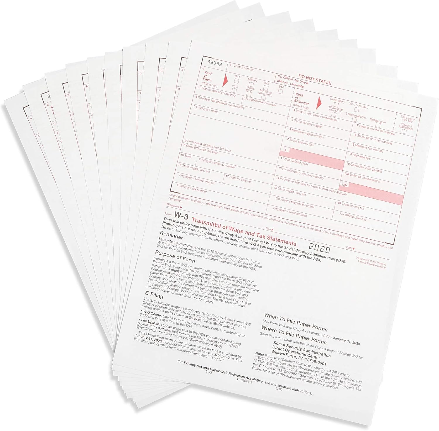 W3 Transmittal Tax Forms 2020, 10 Form W-3 Summary Laser Forms for Transmittal of Wage and Tax Statements, W-3 Forms, Compatible with QuickBooks and Accounting Software, 10 Pack : Office Products