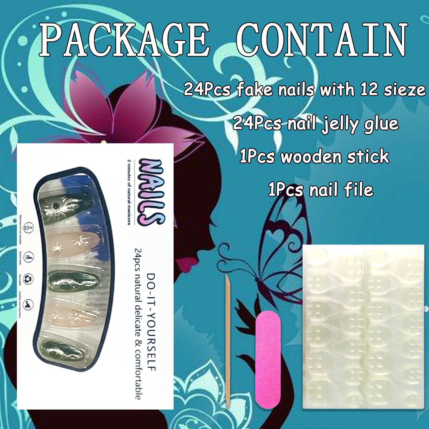 Press on Nails Almond Medium Length Glossy Full Cover Acrylic French Almond False Nails with Designs Artificial Almond Shaped Fake Nails with Charms Glue Stick ons Fingernails for Women Girls(BZ1460) - Image 4