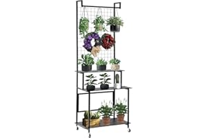 NectaCol Grid Wall Panels, 3 Tiers Gridwall Display Stand with Gridwall Panels, Black Wire Grid Wall Display Rack, Metal Shelf Retail Display Stand with 10 Hooks, Plant Stand Indoor
