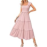 Newshows Women's 2025 Summer Wedding Guest Dress Ruffle Sleeve Smocked Square Neck Long Flowy Tiered Maxi Sundress