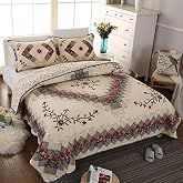 Jameswish Beige Floral Embroidered Quilt Set King Size 100% Cotton Ethnic Patchwork Bedspread Coverlet Country Rustic Embroidery Reversible Geometric Bedding Cover Set Soft Cotton Comforter Cover,3pcs