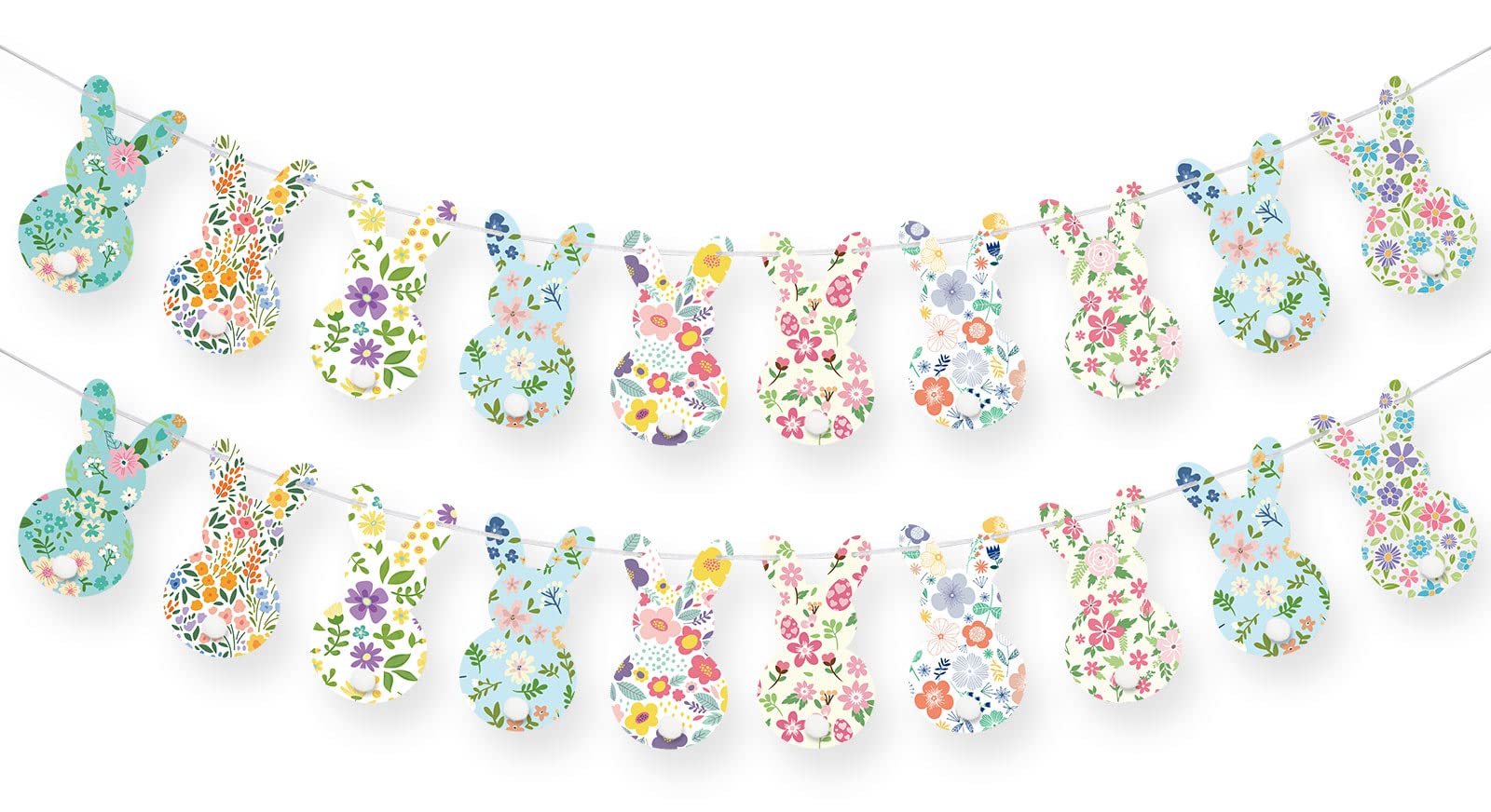 Whaline Easter Banner with String Floral Bunny Paper Banner Colorful Vintage Pre-Assembled Easter Bunting Garland Celebration Hanging Decoration for Home Spring Themed Party Supplies
