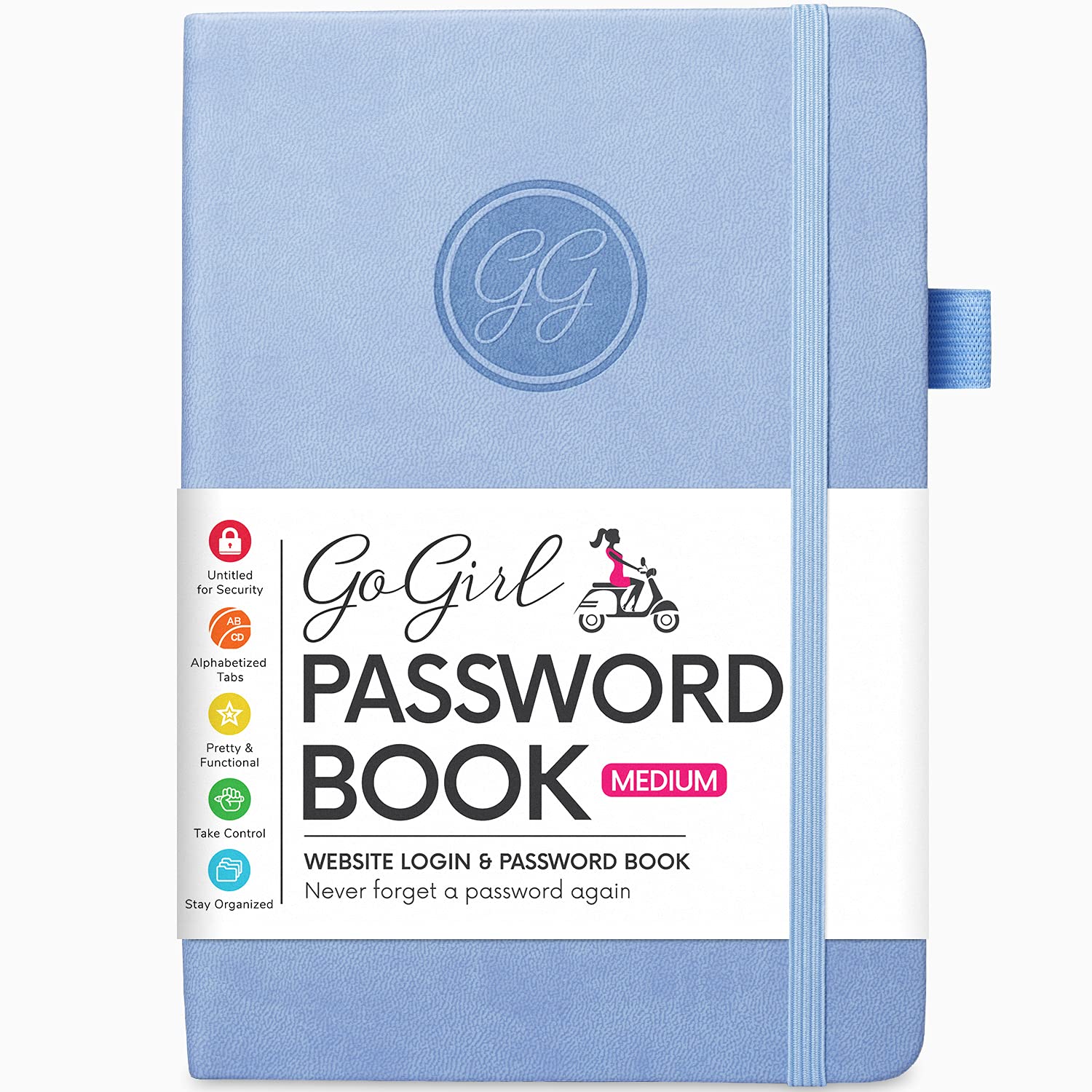 GoGirl Password Book with Alphabetical tabs – Internet Address & Password Keeper Logbook for Password Organization, Journal Notebook for Saving Website Logins. Medium Size 13.5 x 19cm - Light Blue