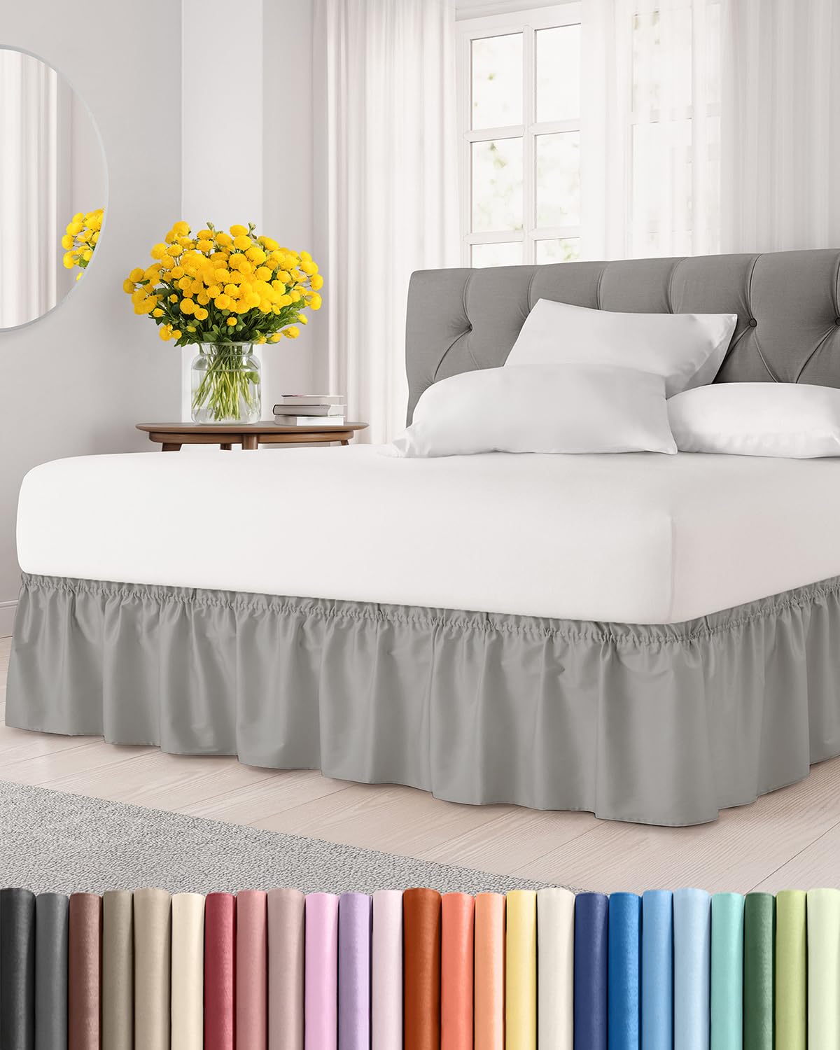 Photo 1 of Wrap Around Dust Ruffle Bed Skirt - Light Grey - for King Size Beds with 15 Inch Drop - Elastic Strap - Adjustable Pleated Bedskirt with Brushed Fabric and Wrinkle Free - for Women, Men, Kids & Teens