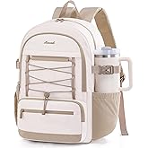 LOVEVOOK Laptop Backpack for Women & Girls, Large Capacity Everyday Backpack with Water Bottle Holder, Chic Versatile Backpack Purse, Lightweight Casual Daypack for Work, Travel, College, Beige-Khaki
