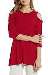 Afibi Womens Cold Shoulder 3/4 Sleeve Swing Tunic