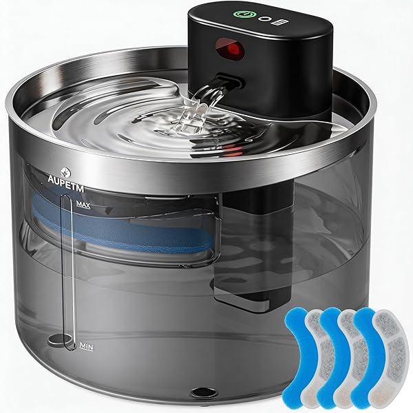 AUPETM BATTERY OPERATED CAT WATER FOUNTAIN, WIRELESS AUTOMATIC WATER DISPENSER FOR CATS & DOGS, 3L/101OZ CORDLESS PET WATER BOWL FOUNTAINS WITH STAINLESS STEEL TRAY & QUIET 6-STAGE FILTER SYSTEM
