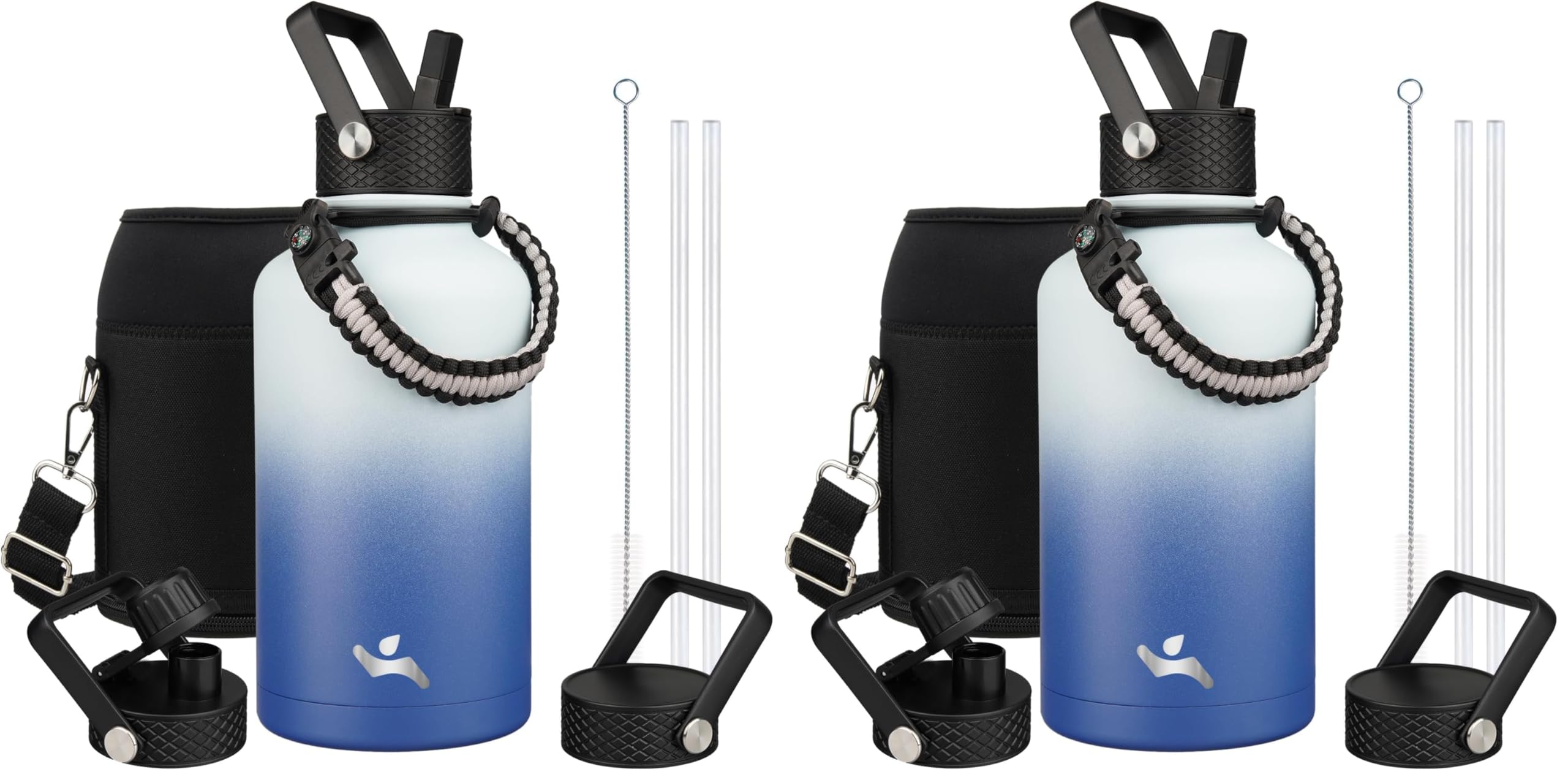 Konokyo Half Gallon Insulated Water Bottle with Straw,64 oz 3 Lids Water Jug with Carrying Bag,Paracord Handle, Double Wall Vacuum Stainless Steel Metal Flask,Sky (Pack of 2) Image