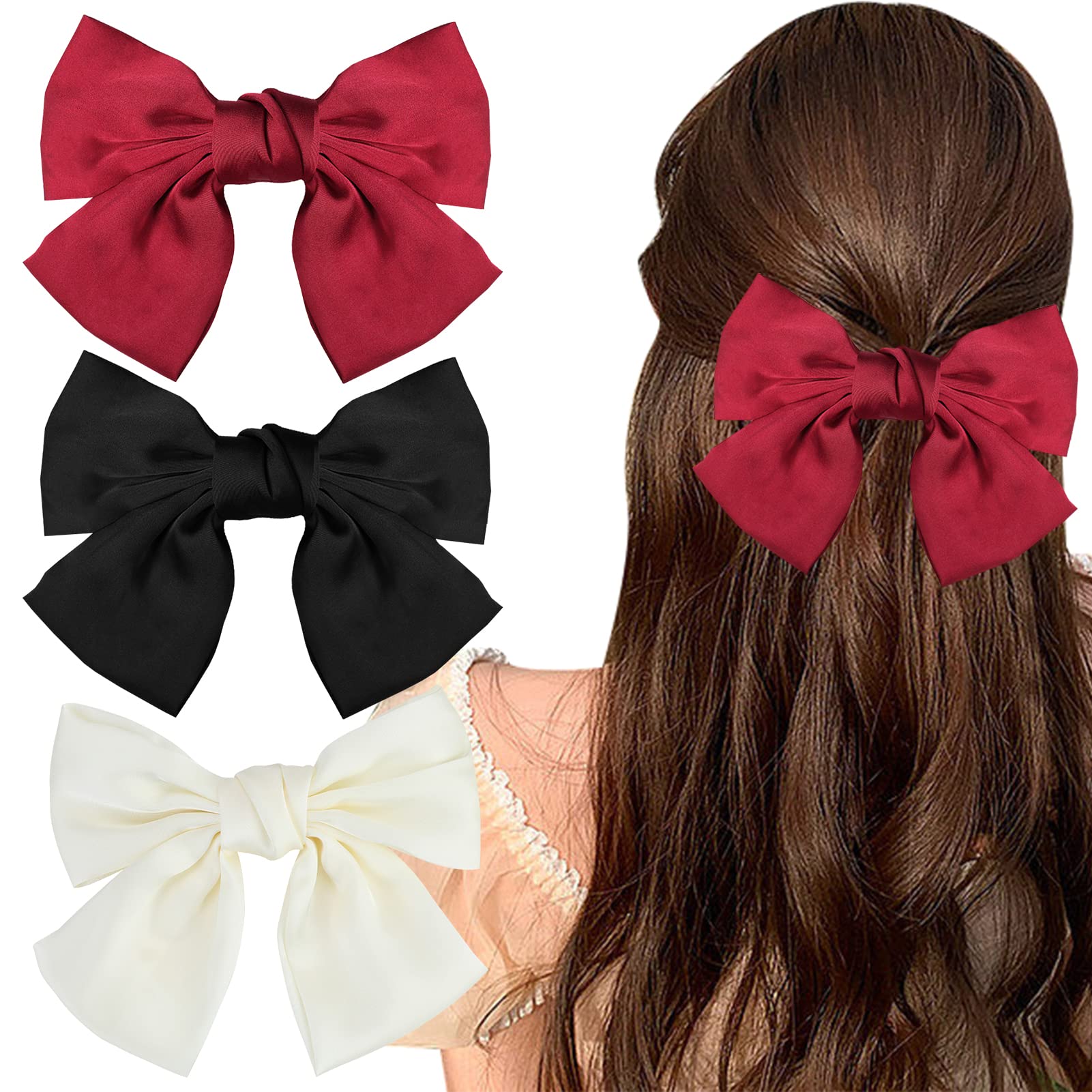 3 Pcs Large Bow Hair Clips Set, Red, Black and White Hair Bow 3 Colors Vintage Satin Barrette hair clips, Silk Retro Bowknot, Hair Clips for Styling - Hair Slides for Women and Girls