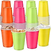 SiliFine 100 Pack 12 oz Plastic Cups Bulk Neon Disposable Plastic Drinking Cups in 4 Assorted Colors for Carnival Fiesta Matrimony Bachelorette Decorations Birthday Wedding Neon Party