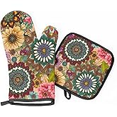 Oven Mitts and Pot Holders, Bohemian Floral Kitchen Mittens and Pot Holder 2Pcs Set, Retro Pattern High Heat Resistant Kitchen Hot Pads and Mitts for Chef Cooking, Baking, BBQ, Picnic