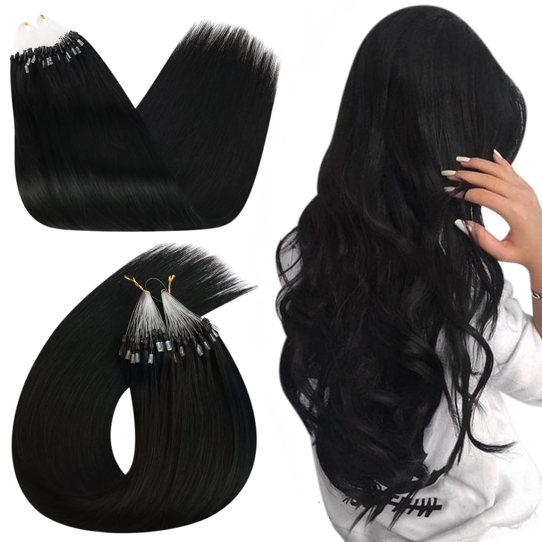 Ugeat Micro Ring Hair Extensions Real Human Hair 18 Inch Black Microring Human Hair Extensions Micro Beads Jet Black Silky 50G/50S for Party