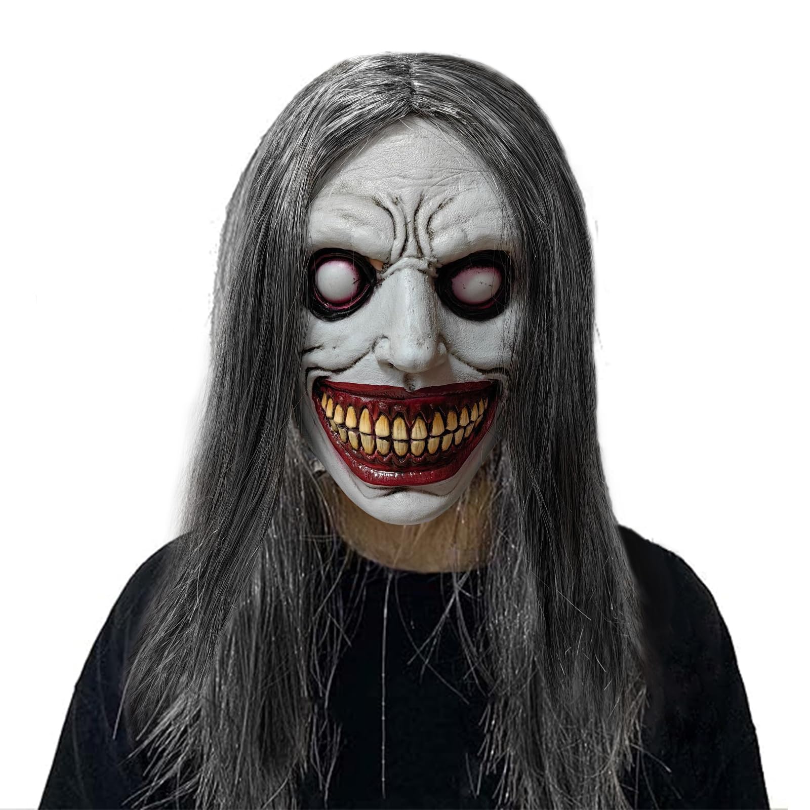 OPAHUTER Halloween Mask for Adults, Latex Horror Scary Masks, Realistic Mask Halloween Cosplay, Old Lady Mask, Old Witch Mask with Hair, Exorcist Smile Mask for Men Women Cosplay Costume Party