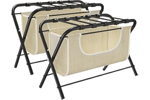 caktraie 2 Pack Luggage Rack with Laundry Bag,Guest Room Folding Suitcase Stands,Luggage Rack Shelf with Heavy Duty Nylon Belts,Dirty Clothes Storage