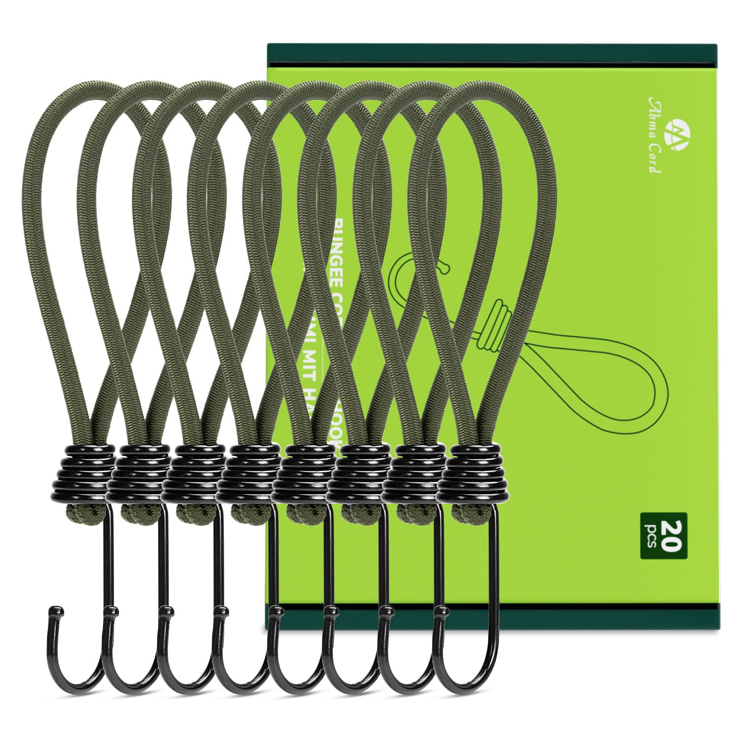 Abma Cord Bungee Cords with Hooks 18cm 20Pcs Small Bungee Ropes with Hooks Elastic Bungee Loops for Tarpaulin, Tent, Camping, Banners, Fixing - Army Green