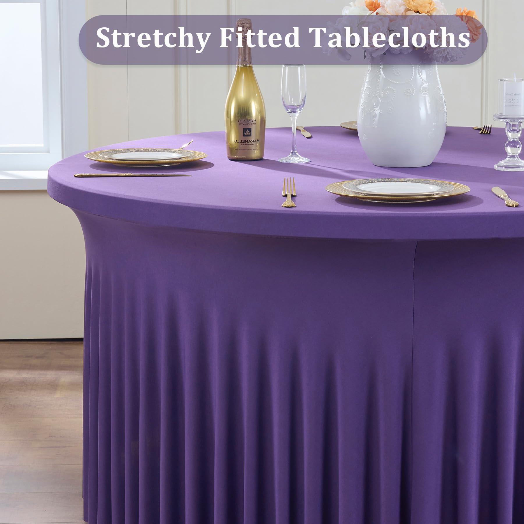 Condition photo showing As Is for htper 6 pack purple spandex round tablecloths for 60 inch table, wrinkle free stretchy 120inch fitte