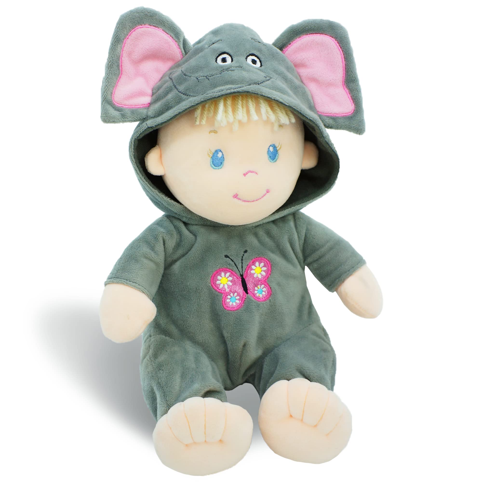 June Garden 12" Sweet Dolly Jacqueline - Stuffed Ultra Soft Baby Elephant Doll for Birth and Up - Removable Grey Outfit