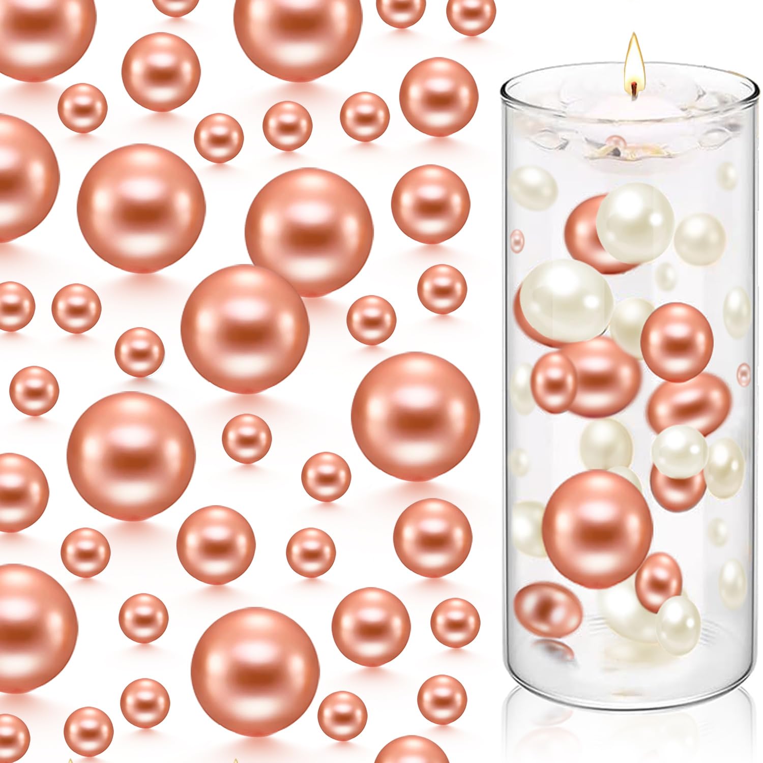 Photo 1 of FFUW 200 Pcs Floating Beads for Centerpieces Vases Filler 8/14/20 mm NO Hole Floating Pearl Beads Home Weddings Table Centerpieces Party Decor, Rosegold