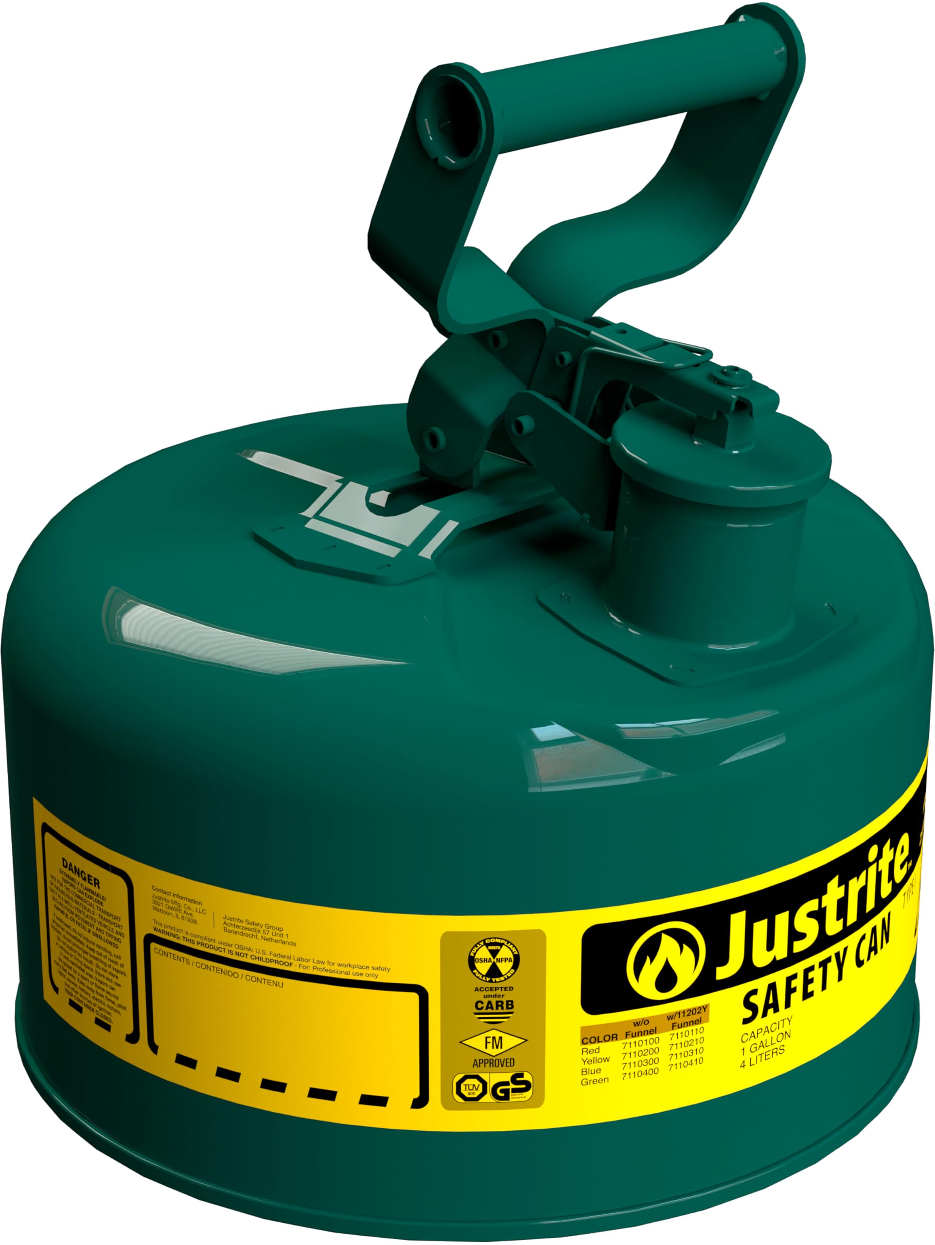 Justrite 1 Gallon Type I Green Safety Can for Oil with Flame Arrester and Self-Closing Lid, Made in the USA, Galvanized Steel Flammable Storage Can, 7110400 Image