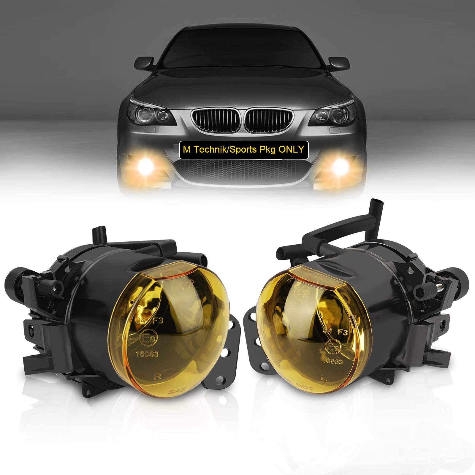 Photo 1 of TangMiGe Fog Lights Lamps for 2004-2010 BMW 5 Series (E60 E61, 525i 525xi 528i 528xi 530i 530xi 535i 535xi 545i 550i), All For M-package/Technik Sports Package Bumper Models Only, 1 Pair, Yellow Lens