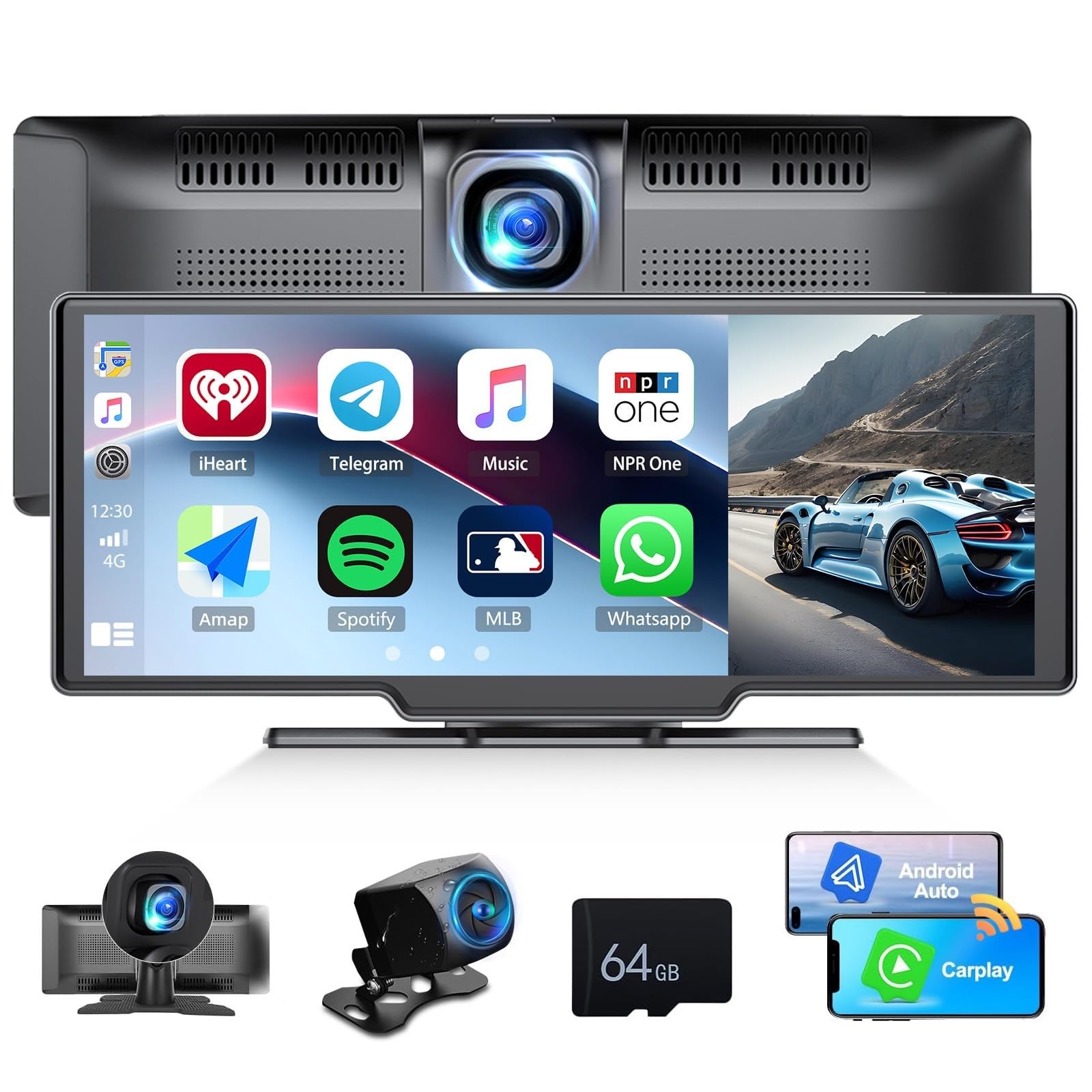 CAMECHO 9.3 Inch Touch Screen Car Stereo, Wireless CarPlay and Android Auto, Portable Car Audio Receiver with Front Dash & Rear View Camera, Bluetooth, AUX/FM, Voice Control, for 7-32V Dashboard Mount