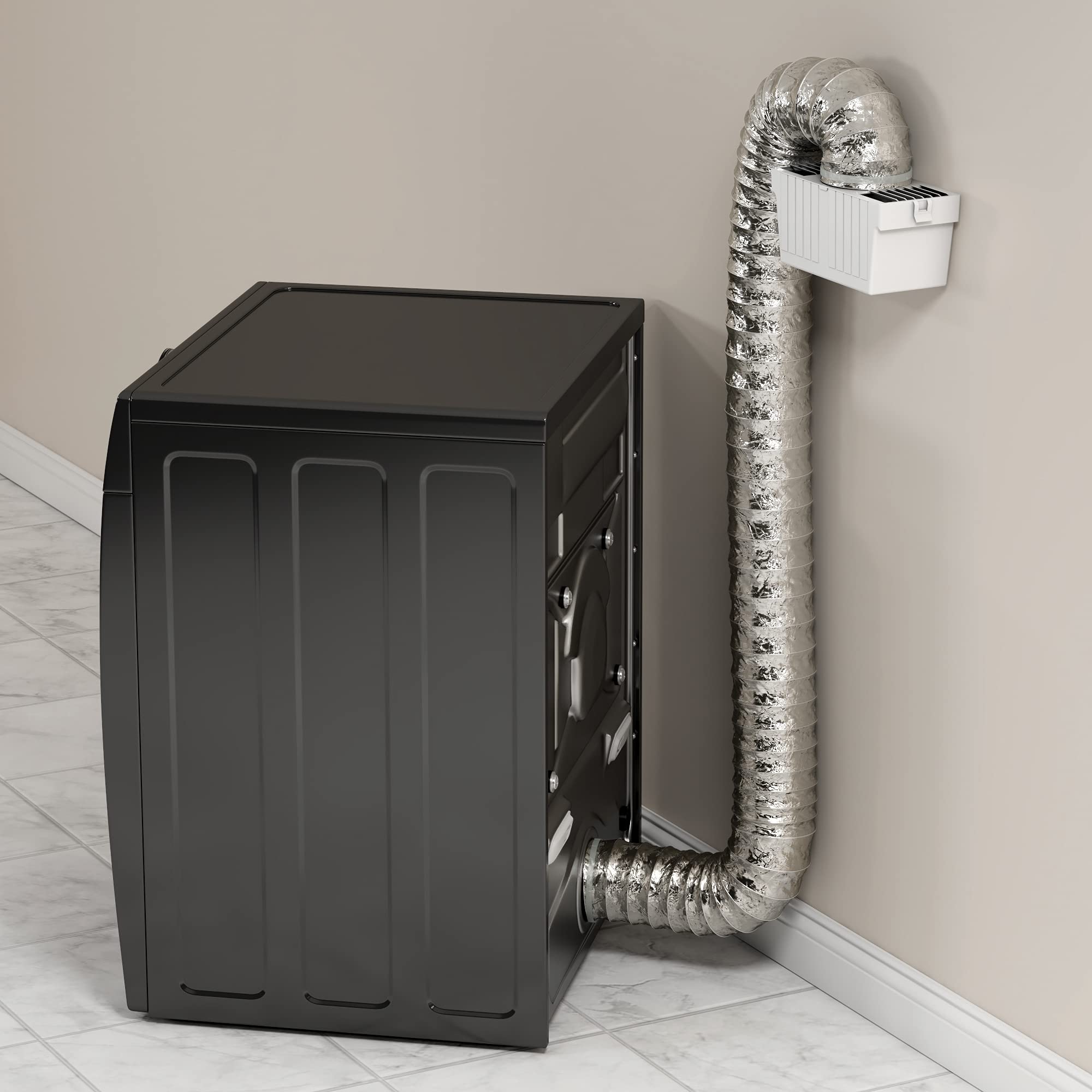 Deflecto LTF Indoor Dryer Vent Lint Trap Kit – Energy-Efficient Venting Solution with Supurr-Flex Flexible Duct, Plastic Lint Reservoir and Secure Clamps for Electric Dryers |Pack of 1 - White/Silver