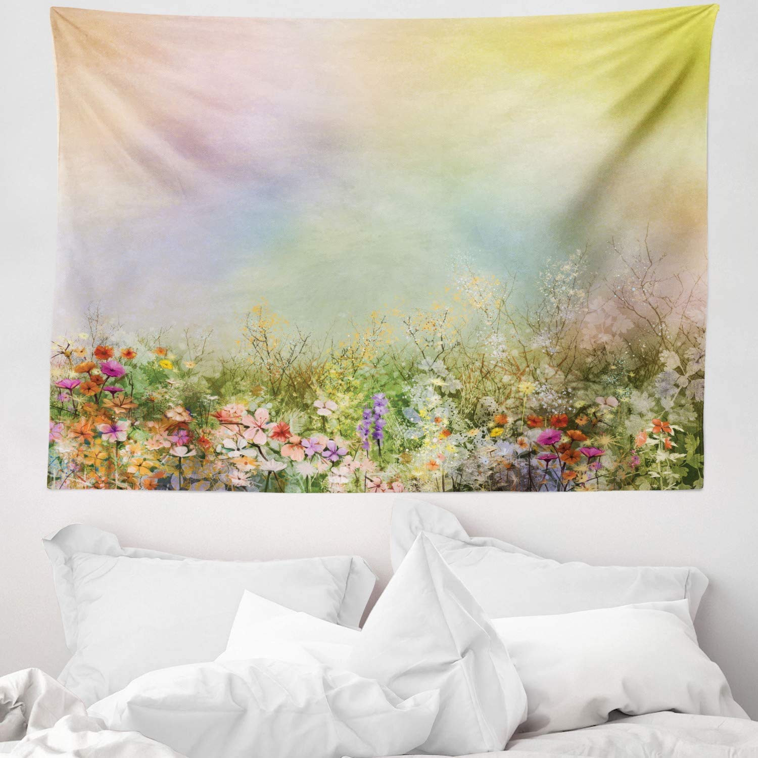 ABAKUHAUS Flower Tapestry, Cosmos Daisy Cornflower Wildflower Dandelion in Floral Meadow Drawing of Nature, Fabric Wall Hanging Decor for Bedroom Living Room Dorm, 150 x 110 cm, Green Yellow