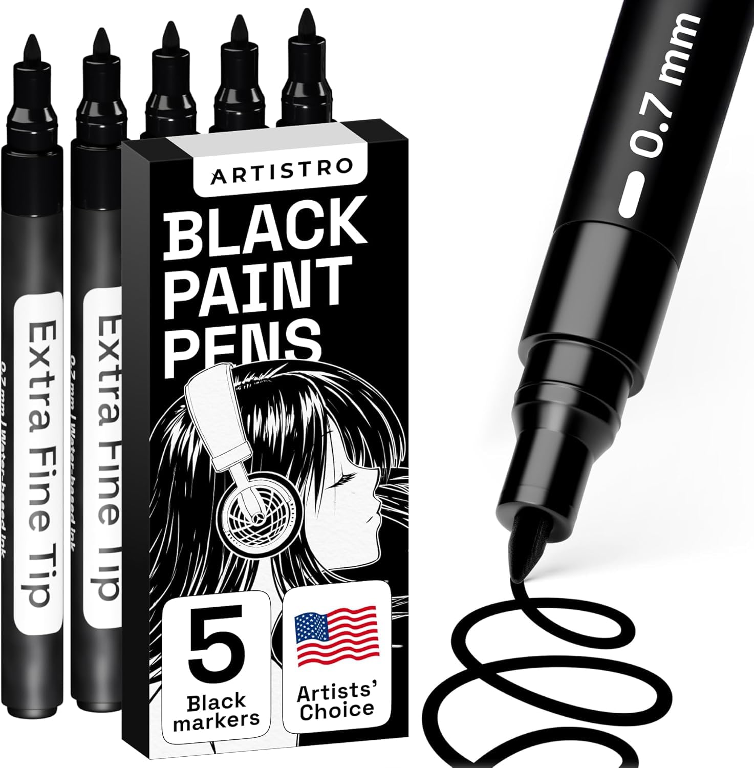 Photo 1 of ARTISTRO Black Paint Pens for Rock Painting, Stone, Ceramic, Glass, Wood, Tire, Fabric, Metal, Canvas. Set of 5 Water Based Black Markers for Acrylic Painting Extra Fine Point Tip