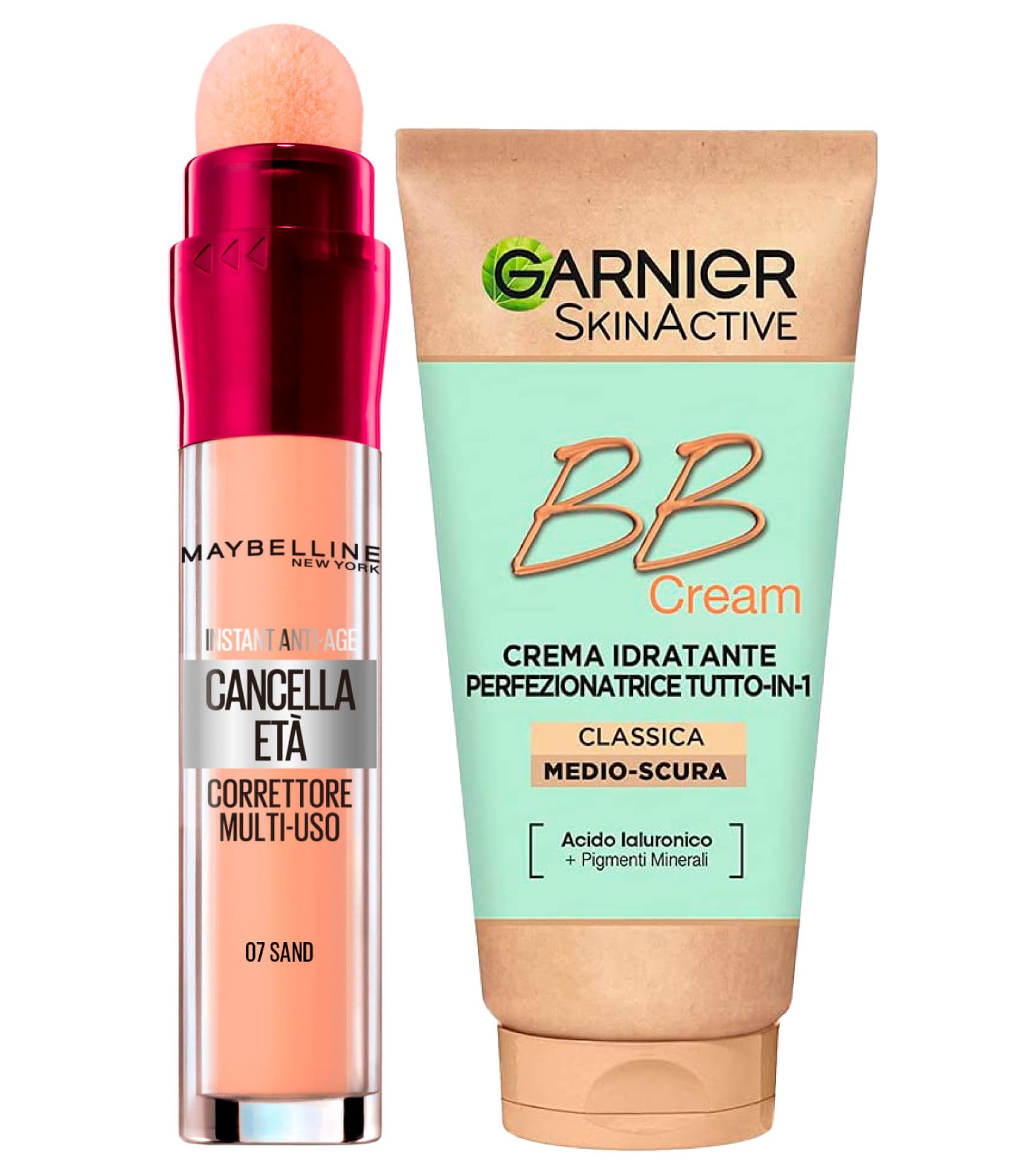 Garnier Skinactive BB Cream Moisturizing Perfecting Face Cream All in 1 SPF25 Medium-Dark Shade + Erase Age Multipurpose Liquid Concealer Color 07 Sand with Sponge Applicator