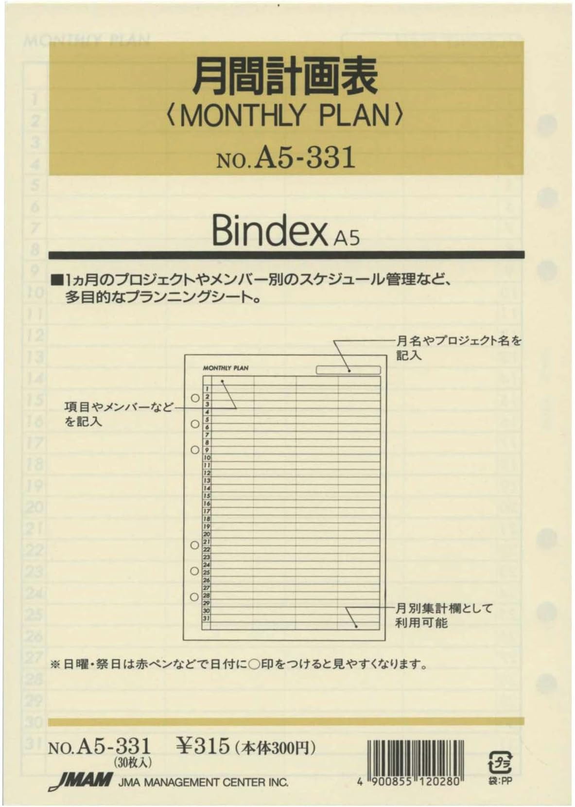 Bindex A5 size 6-hole personal organizer refill, monthly plan A5331 by Bindex