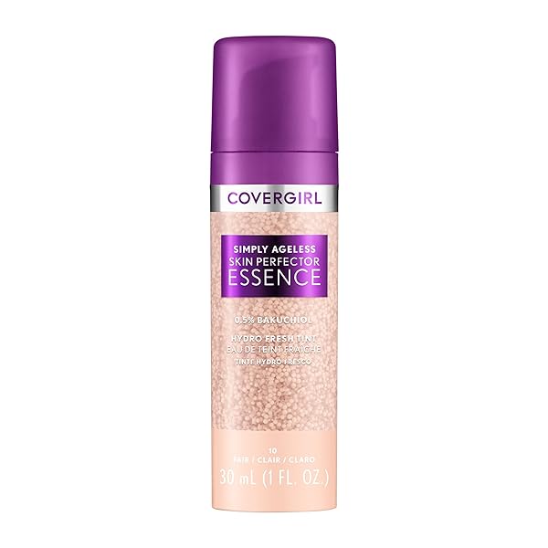 COVERGIRL SIMPLY AGELESS SKIN PERFECTOR ESSENCE FOUNDATION, 10 FAIR, TINTED SKINCARE MAKEUP HYBRID, SHEER TINT, RADIANT FINISH, GLOWY FINISH, VEGAN FORMULA, 1.0OZ