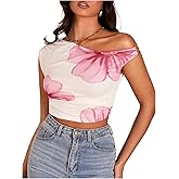 Milumia Women Floral Print Asymmetric Neck Crop Shirt One Shoulder Ruched Tank Top