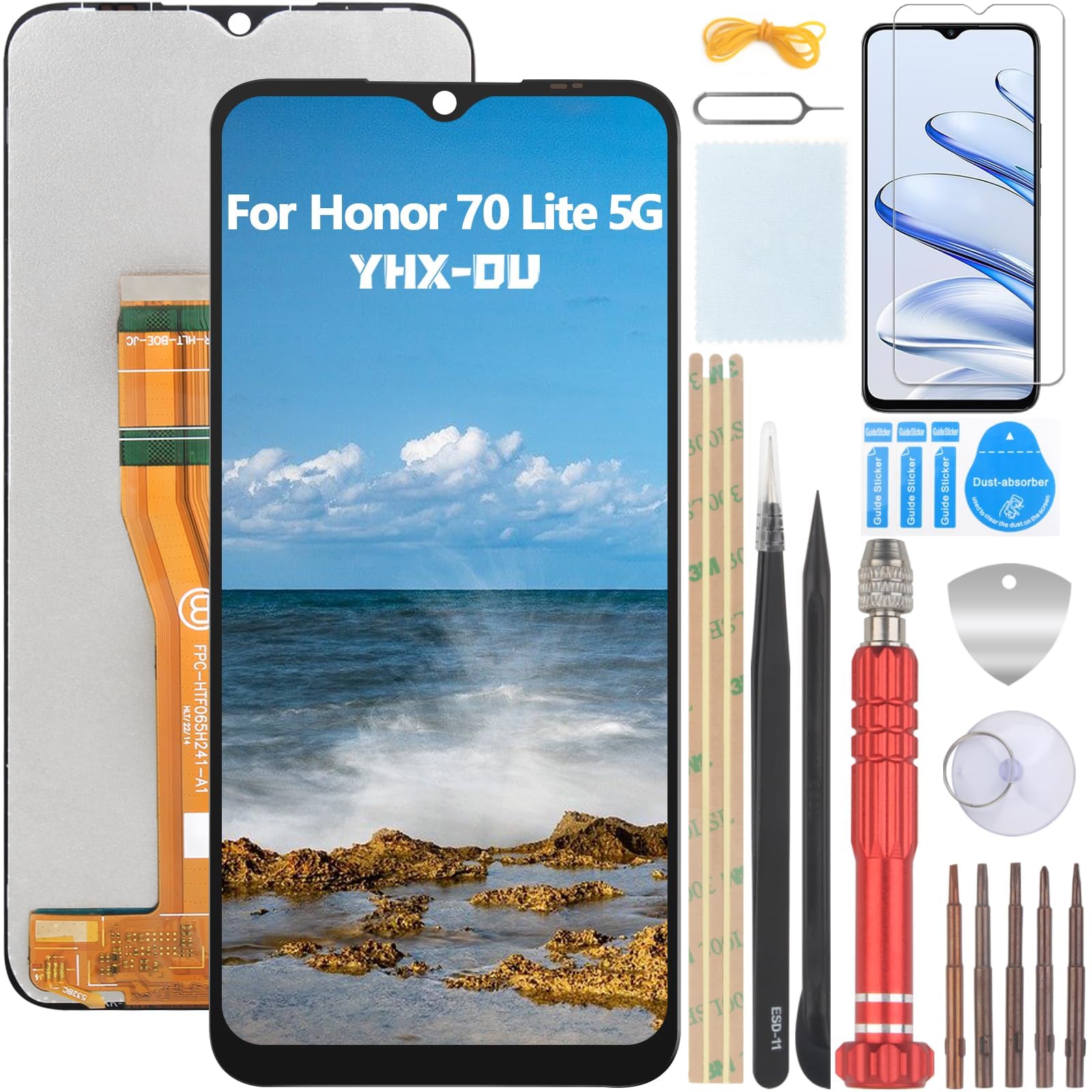 YHX-OU 6.5 Inch Black Display for Honor 70 Lite 5G Honor 70 Lite RBN-NX1 LCD Display Touch Screen Replacement Screen Glass Assembly with Tool + 1 x Screen Protector