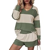 Ekouaer Two Piece Sets for Women Fall Lounge Sets Long Sleeve Shorts Set | Oversized Matching Outfit, 2026 Fall Striped Shirts and Shorts Set, V Neck Top with Pockets, Casual Matching Clothing Set