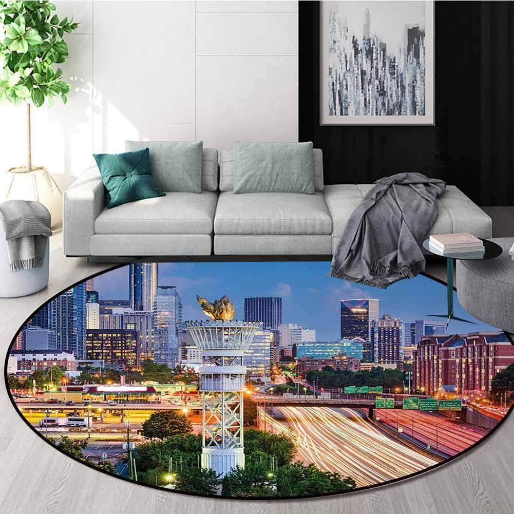 DESPKON-HOME United States Non Slip Round Rugs,Atlanta Georgia Urban Busy Town with Skyscrapers City Landscape Oriental Floor and Carpets Round-31 Inch,Pale Blue Yellow Coral