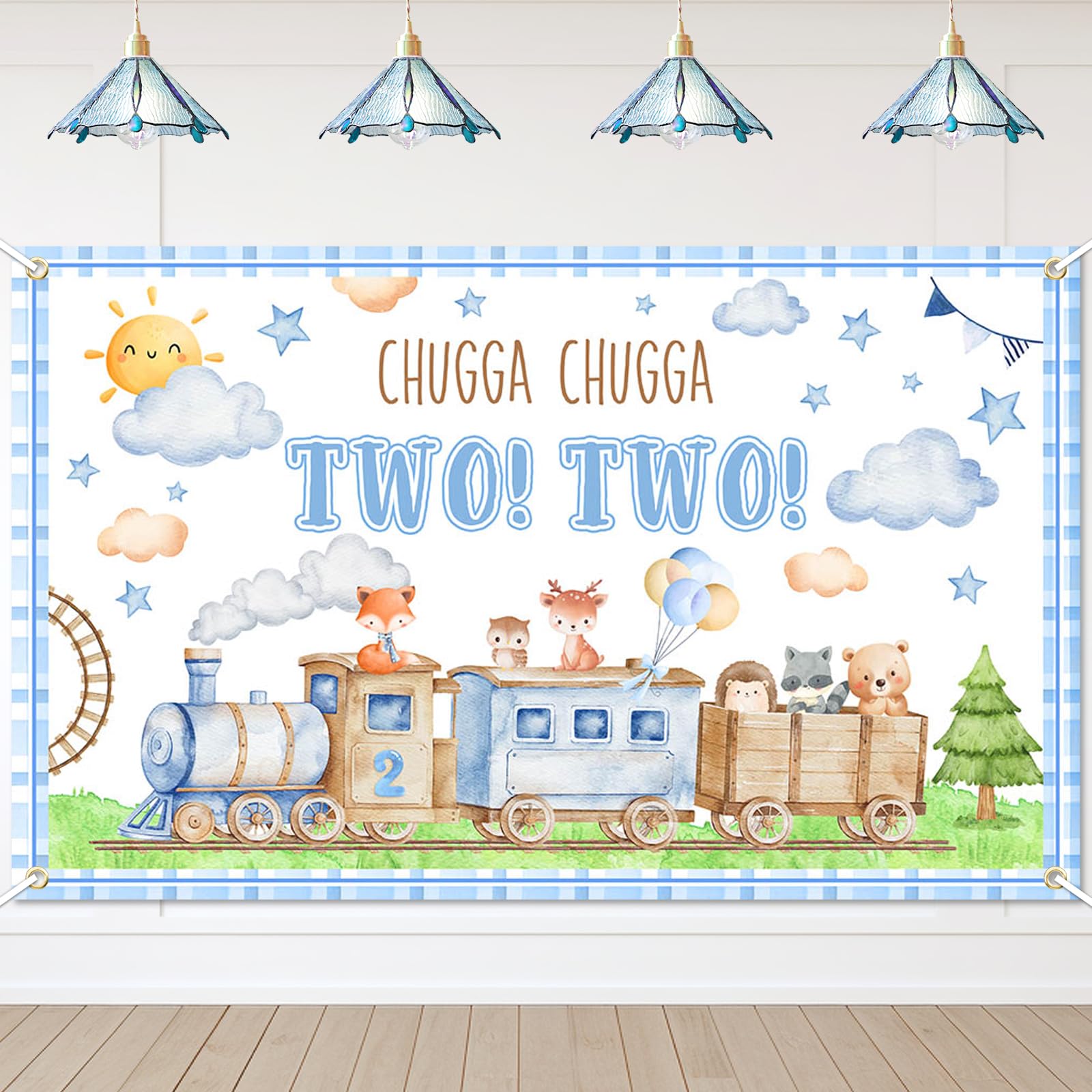 Photo 1 of Avezano Chugga Chugga Two Two Backdrop Train Themed 2nd Birthday Decorations Banner Animals Theme 2nd Birthday Banner Kids Party Supplies (6x3.6ft)