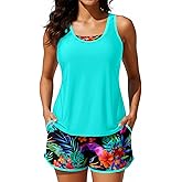 Talisea 3 Piece Tankini with Shorts - Modest Swimsuit Tummy Control Bathing Suits Athletic Sports Swimwear with Pockets