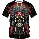 Snbidmk Native American Indian Chief Skull Headdress T-Shirt Hip Hop Cool Summer Short Sleeve Shirt Top