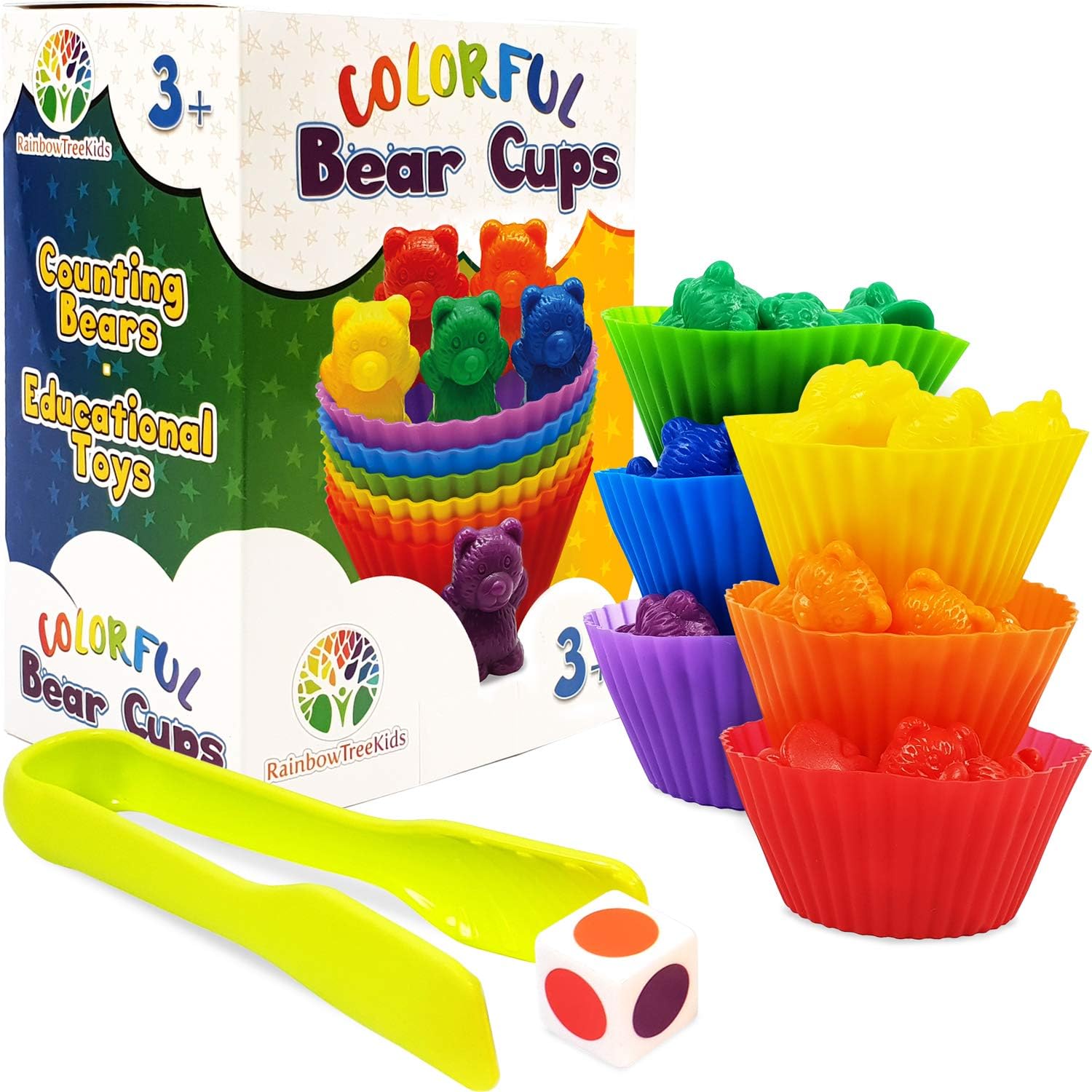 Colorful Bear Cups Counting Bears with Stacking Cups Counting Rainbow Bears with Matching Color Sorting Cups and Colorful Dice Educational Toy for Kids Toddlers Education Learning Counting Sorting