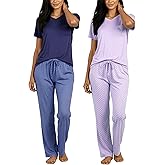 Real Essentials 2 Pack: Women's Comfy Pajama Sets - Short & Long Sleeve Ladies Loungewear Sleepwear PJs (Available In Plus)