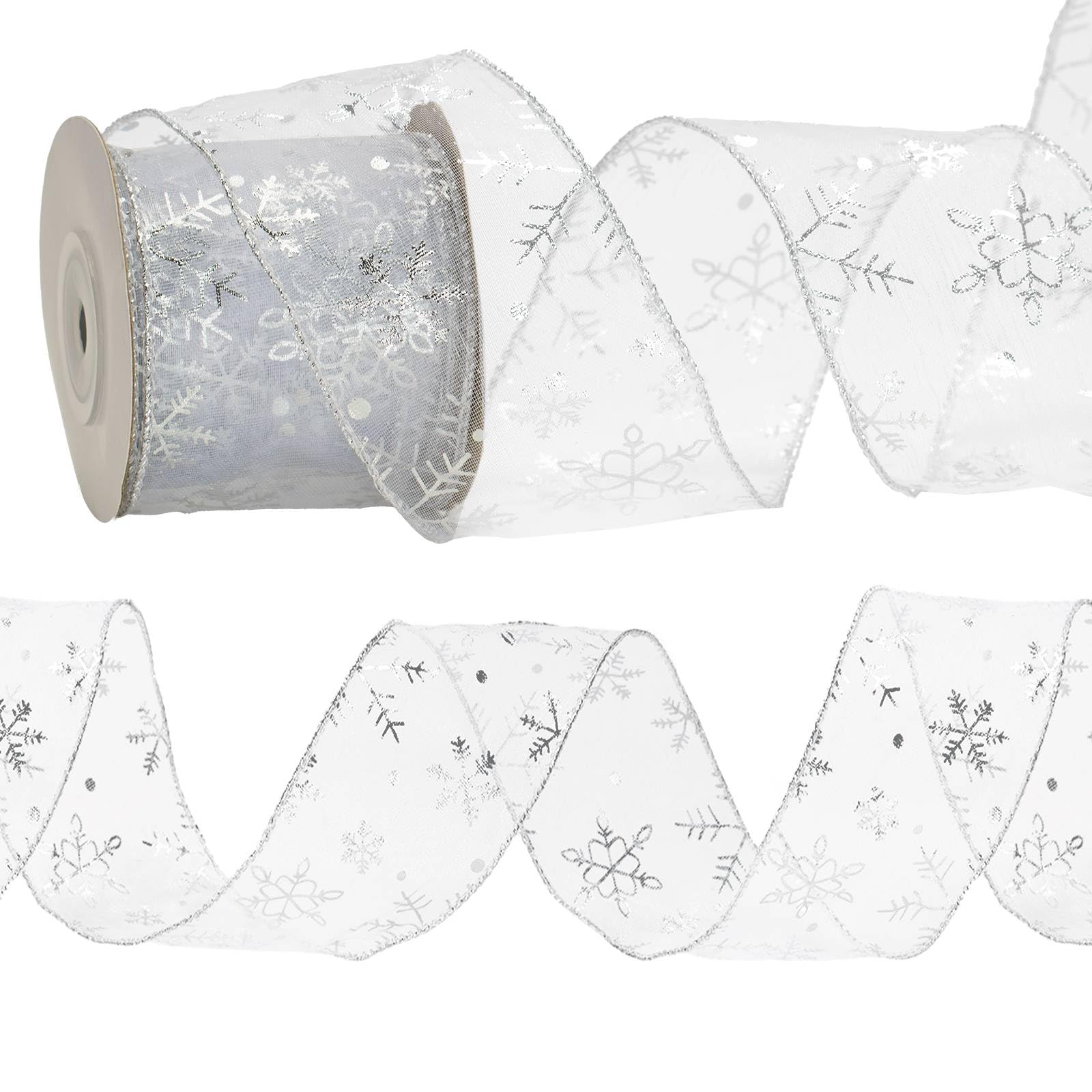 KINGLAKE Christmas Tree Ribbon Silver Wired Ribbon Organza, 10 Yards 2.5Inch Glitter Snowflake Sheer Ribbons for Wreaths Gift Wrapping Xmas Tree Garland Decorations Making Bows