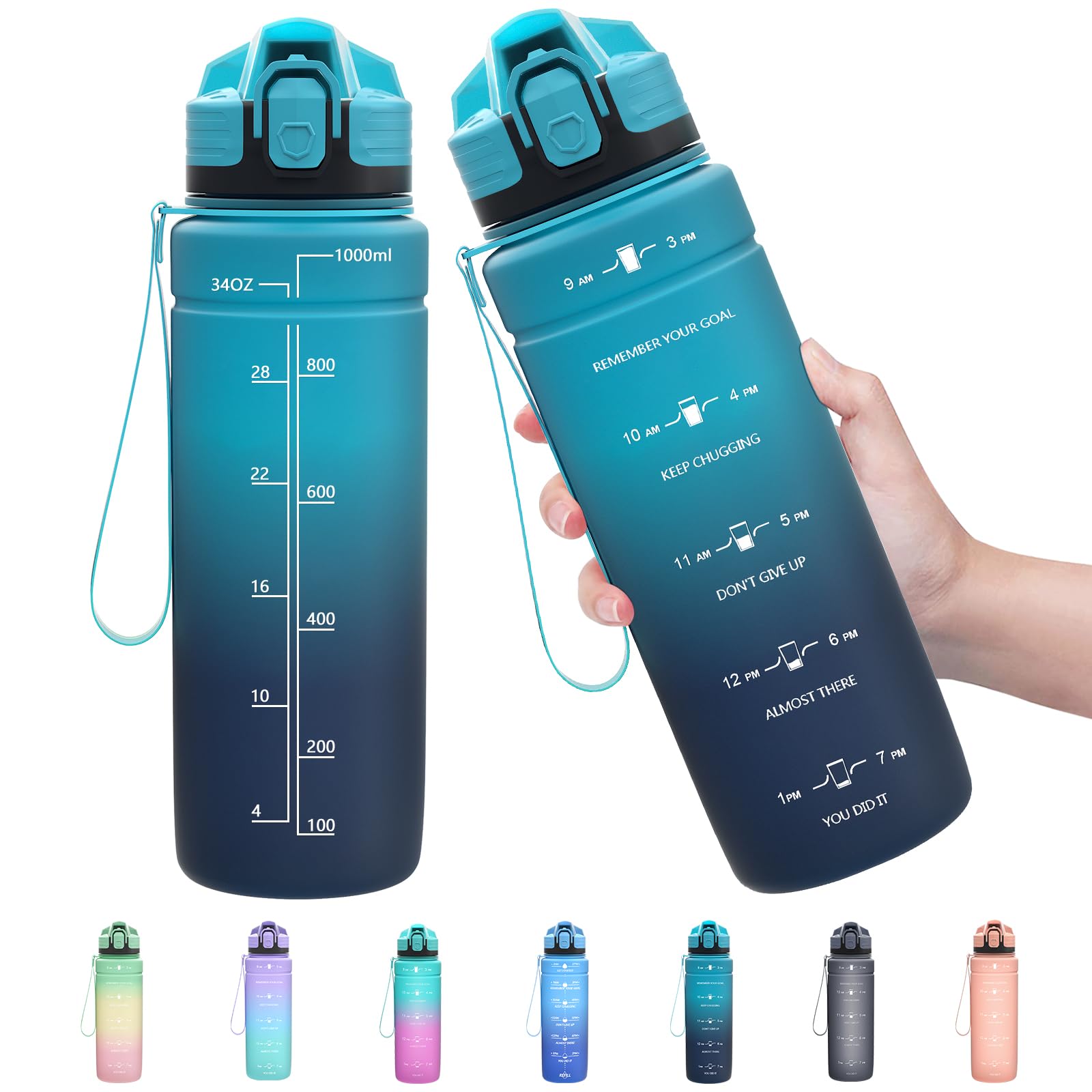 Zounich Sports Water Bottle Kids with Times to Drink Leakproof 1L / 700ml / 500ml 1Litre Drink Bottles BPA Free Motivational Adults, Gym, School, Running, Travel, Girls, Boys Filter Reusable — image 1