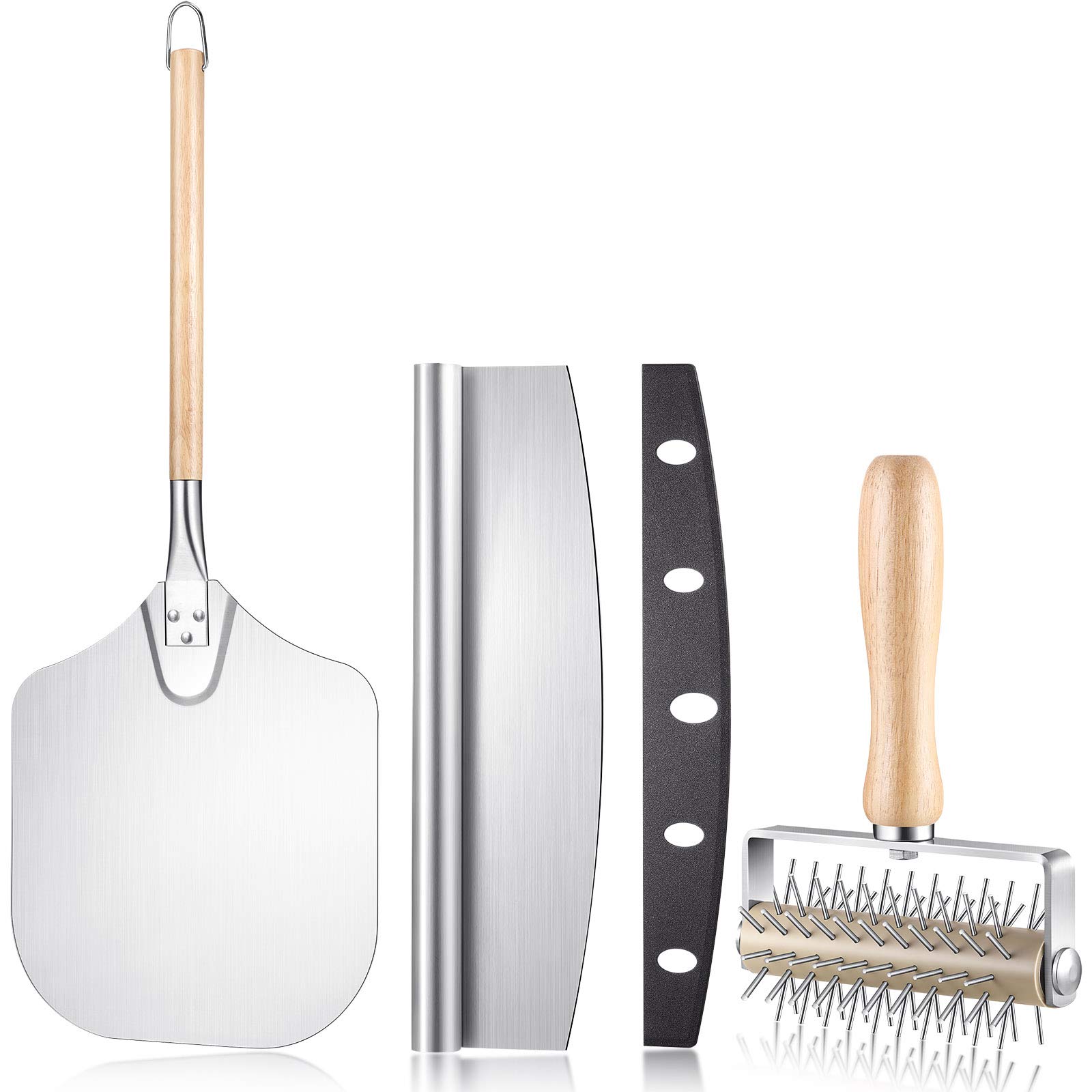 3 Pieces Pizza Tools, Aluminum Pizza Peel 12 x 14 Inch, Stainless Steel Pizza Slicer and Dough Docke