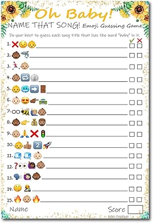Amazon Com Baby Shower Games 50 Fun Emoji Pictionary Guess The Song Game Cards Coed Activity Ideas For Kids And Adults To Play For Prizes At Showers For Boy Or Girl Babies
