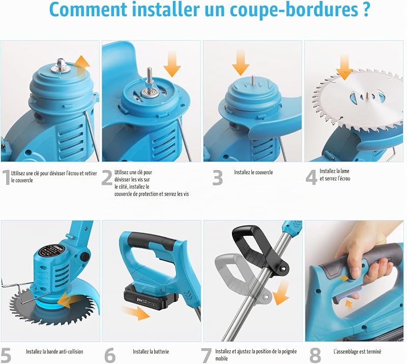Débroussailleuse Electrique sans Fil 21V, Coupe Bordure sans Fil avec 2 Batteries 2.0Ah, 2 Types de Metal Lames Débroussailleuse Batterie, Sécateur de Jardin, Poignée Réglable pour Élagage (Bleu)