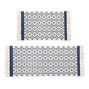 Pauwer Blue Moroccan Cotton Area Rug Set 2 Piece 2'x4.2'+2'x3' Machine Washable Printed Cotton Rugs with Tassel Hand Woven Cotton Rug Runner for Kitchen, Living Room, Bedroom