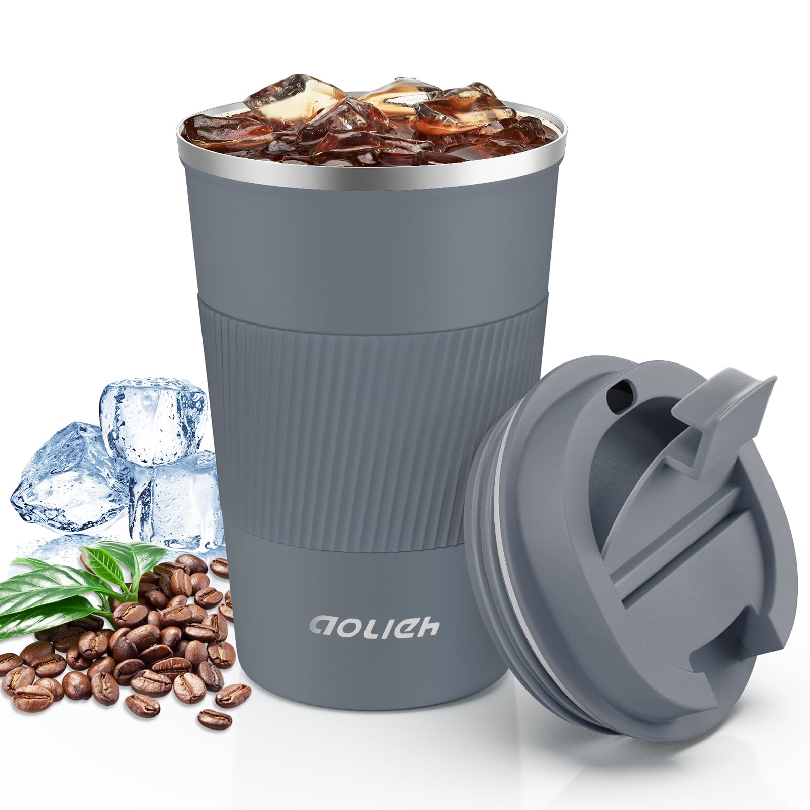 Aolieh Travel Mug 380 ml, Insulated Coffee Cup with Lid, Reusable Stainless Steel Thermal Cup for Coffee, Tea & Cold Drinks, Leak-Resistant Double-Walled Travel Mug, Gray