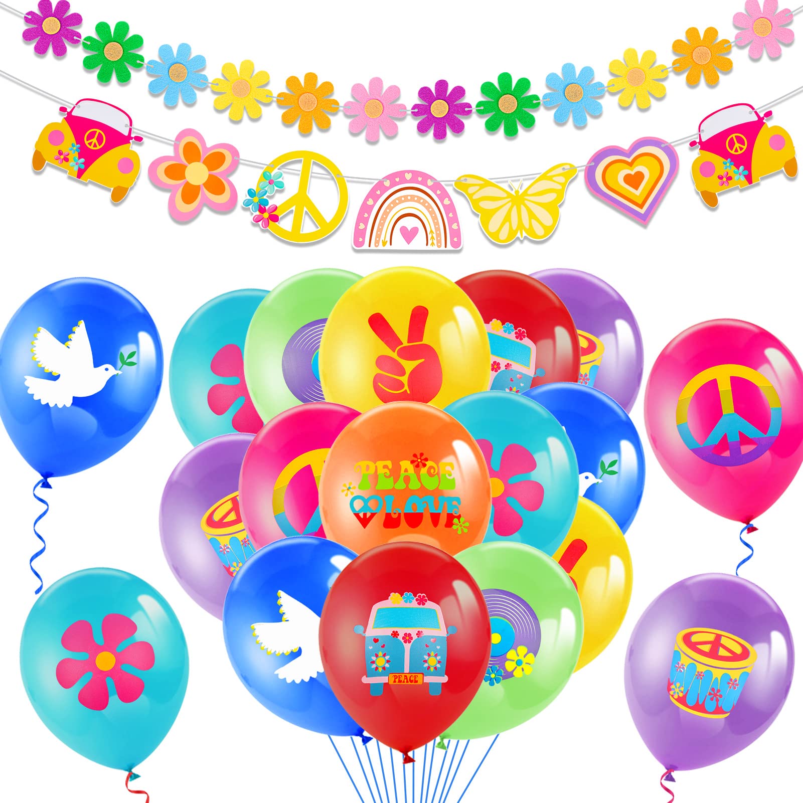 HOWAF 60s 70s Hippie Theme Party Decorations Balloons, Retro Groovy Party Balloons, Hippy Boho Peace Sign Flower Power Banner Bunting for 60s 70s Hippie Accessories