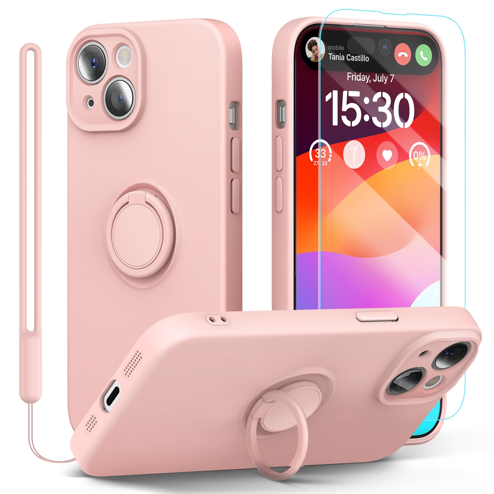 pcgaga Silicone Phone Case for iPhone 15 with Screen Protector [Ring Holder Stand] [Wrist Strap] [Microfiber Lining] Slim Shockproof Protective Cover, 6.1", Pink — image 1